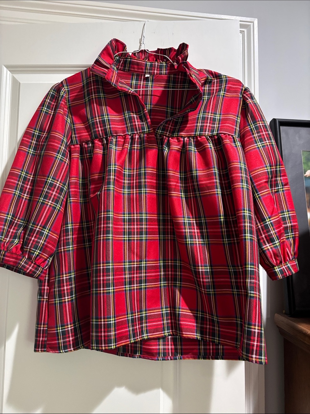 Girls' Red Plaid Ruffle Collar Top - Classic Holiday Style